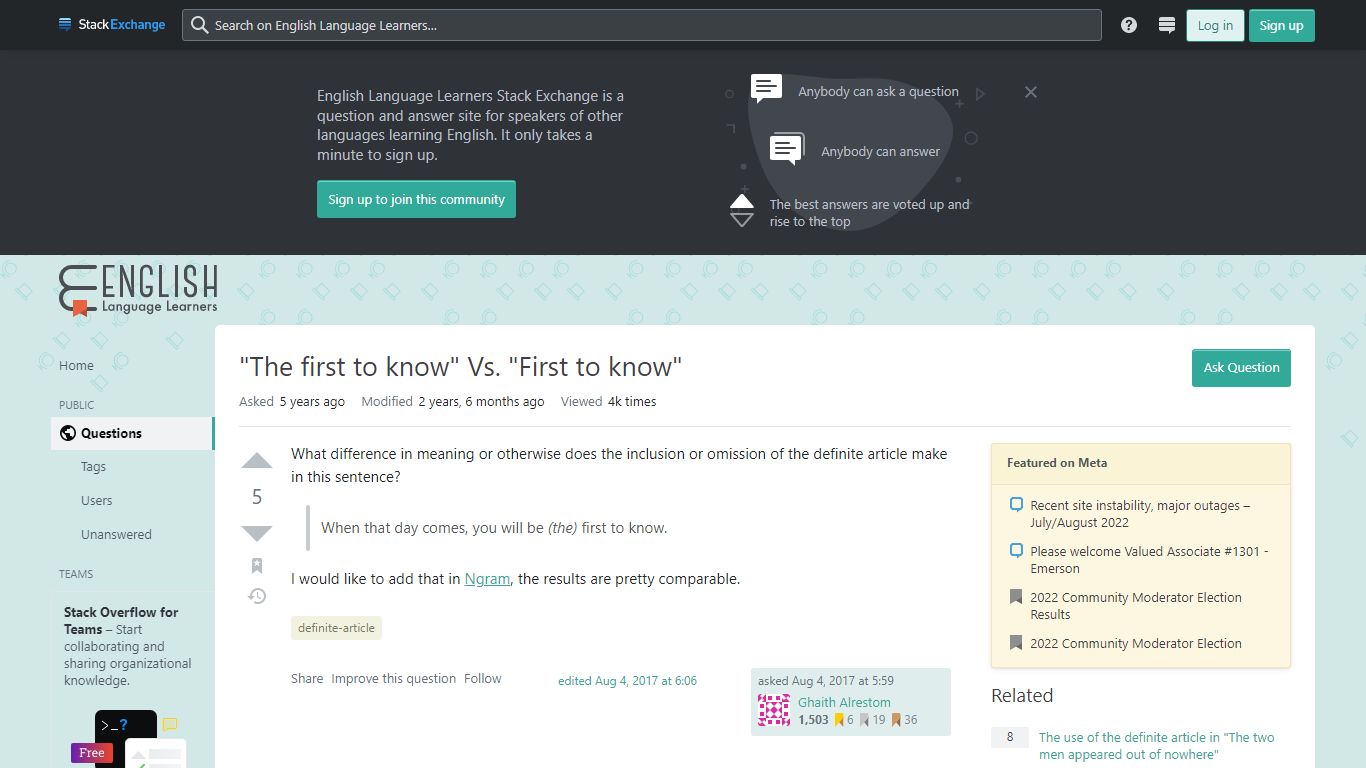 definite article - "The first to know" Vs. "First to know" - English ...